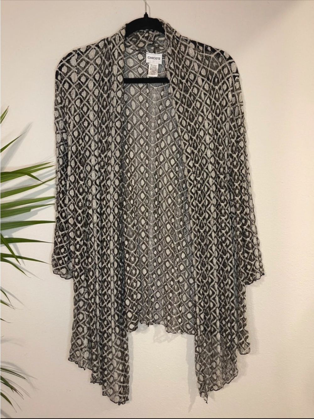 Chico's Black and White Open-Front Patterned Cardigan
